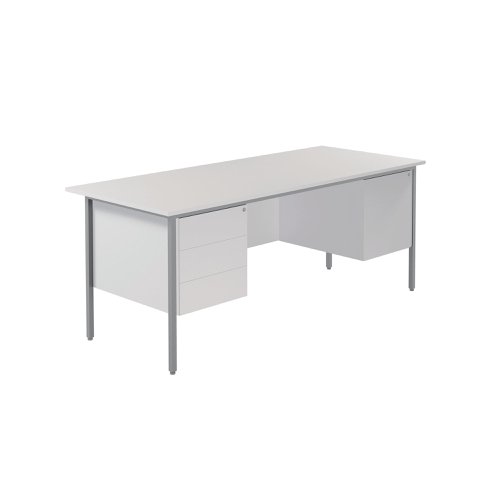 This 4 Leg desk from the Serrion range features a simple and contemporary finish that is ideal for use at home or in the office. The rectangular design allows for multiple desk configurations to set up your office in a way that works for you. This desk features an 18mm thick desktop with sturdy metal legs, a modesty panel and a two drawer and three drawer pedestal included as standard. Cable ports are not included. This desk measures 1800x750x730mm in size.