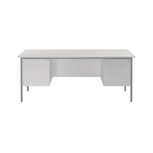 This 4 Leg desk from the Serrion range features a simple and contemporary finish that is ideal for use at home or in the office. The rectangular design allows for multiple desk configurations to set up your office in a way that works for you. This desk features an 18mm thick desktop with sturdy metal legs, a modesty panel and a two drawer and three drawer pedestal included as standard. Cable ports are not included. This desk measures 1800x750x730mm in size.