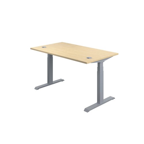 This Jemini Sit/Stand Desk features 3 stage height adjustability with a digital display and 4 pre-set buttons for an easy transition between sitting and standing. The 25mm thick desktop is mounted on sturdy cantilever legs and features dual cable management ports. This desk measures 1200x800x630-1290mm and comes with silver legs.