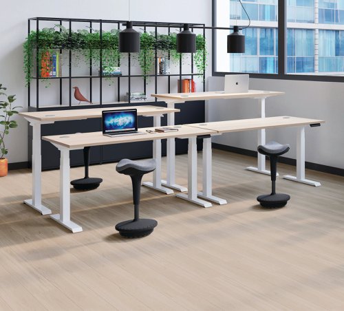 This Jemini Sit/Stand Desk features 3 stage height adjustability with a digital display and 4 pre-set buttons for an easy transition between sitting and standing. The 25mm thick desktop is mounted on sturdy cantilever legs and features dual cable management ports. This desk measures 1200x800x630-1290mm and comes with silver legs.