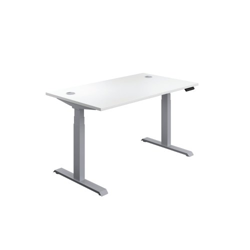 This Jemini Sit/Stand Desk features 3 stage height adjustability with a digital display and 4 pre-set buttons for an easy transition between sitting and standing. The 25mm thick desktop is mounted on sturdy cantilever legs and features dual cable management ports. This desk measures 1400x800x630-1290mm and comes with silver legs.