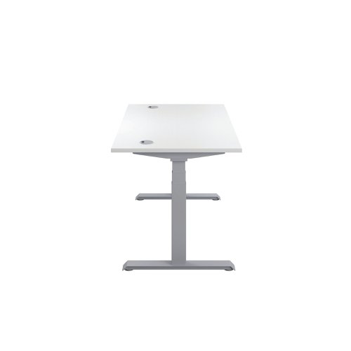 This Jemini Sit/Stand Desk features 3 stage height adjustability with a digital display and 4 pre-set buttons for an easy transition between sitting and standing. The 25mm thick desktop is mounted on sturdy cantilever legs and features dual cable management ports. This desk measures 1400x800x630-1290mm and comes with silver legs.