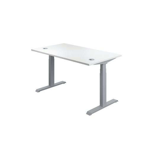 This Jemini Sit/Stand Desk features 3 stage height adjustability with a digital display and 4 pre-set buttons for an easy transition between sitting and standing. The 25mm thick desktop is mounted on sturdy cantilever legs and features dual cable management ports. This desk measures 1400x800x630-1290mm and comes with silver legs.