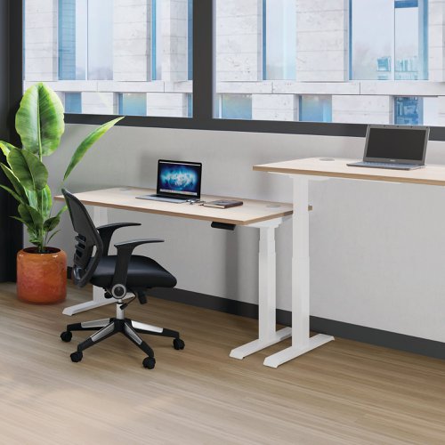 This Jemini Sit/Stand Desk features 3 stage height adjustability with a digital display and 4 pre-set buttons for an easy transition between sitting and standing. The 25mm thick desktop is mounted on sturdy cantilever legs and features dual cable management ports. This desk measures 1400x800x630-1290mm and comes with silver legs.