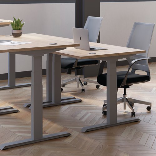 Jemini Sit/Stand Desk with Cable Ports 1400x800x630-1290mm Grey Oak/White KF809883