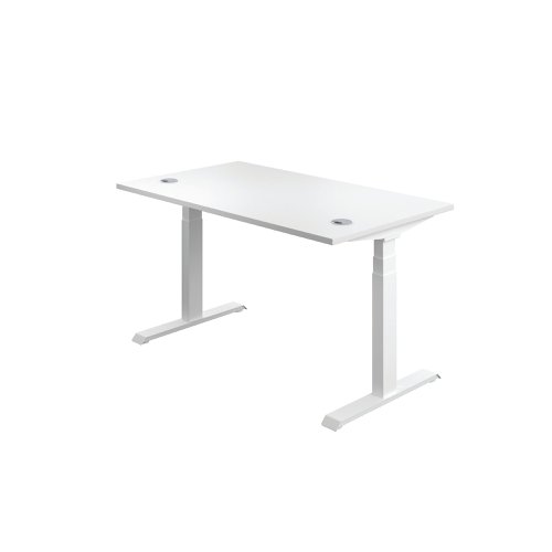 This Jemini Sit/Stand Desk features 3 stage height adjustability with a digital display and 4 pre-set buttons for an easy transition between sitting and standing. The 25mm thick desktop is mounted on sturdy cantilever legs and features dual cable management ports. This desk measures 1400x800x630-1290mm and comes with white legs.