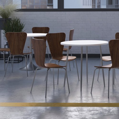 This stylish and elegant bistro table has a modern, contemporary design and a smooth, round table top for multiple users. A long, chrome stem runs all the way down to a circular base for a sleek and durable finish. The glossy white top has a diameter of 800mm and wipes clean easily for quick and efficient cleaning.