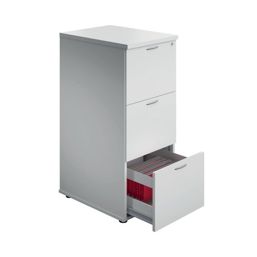 A must for any office, this sturdy three drawer wooden filing cabinet will help to keep your documents filed securely in A4 or foolscap hanging files. It is lockable, with an anti-tilt mechanism and 100% drawer extension.