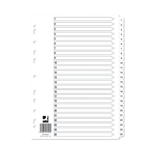 KF97056Q | With these Mylar-reinforced index dividers, you can start to get a handle on all those odd papers that get left lying around. Each divider is made from sturdy manilla, and the tabs are Mylar-coated for long-lasting durability and pre-printed 1-25, great for tidy numerical filing. They are multi-punched to fit almost any A4 ring binder or lever arch file.