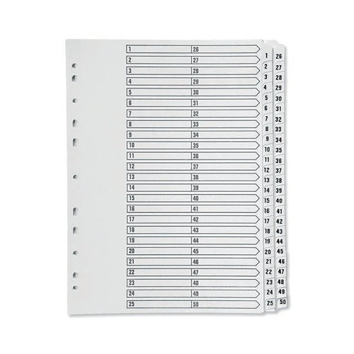 KF97057 | This Q-Connect 1-50 numbered index divider provides a clear and simple filing solution for your everyday office needs. The front index sheet provides space for labelling to make referencing your notes quick and easy. Made from plain white board with clear tabs that are Mylar-coated for extra reinforcement, this index comes with pre-printed tabs (1-50) and is multi-punched to fit standard A4 lever arch files or ring binders.