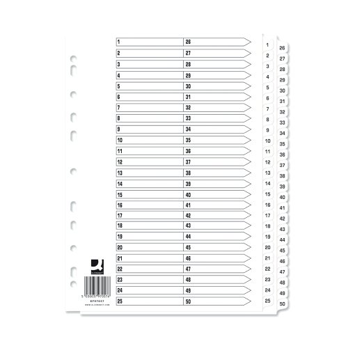 KF97057Q | With these Mylar-reinforced index dividers, you can start to get a handle on all those odd papers that get left lying around. Each divider is made from sturdy manilla, and the tabs are Mylar-coated for long-lasting durability and pre-printed 1-50, great for tidy numerical filing. They are multi-punched to fit almost any A4 ring binder or lever arch file.