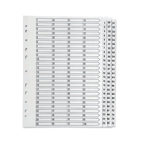 KF97058 | This Q-Connect 1-75 numbered index divider provides a clear and simple filing solution for your everyday office needs. The front index sheet provides space for labelling to make referencing your notes quick and easy. Made from plain white board with clear tabs that are Mylar-coated for extra reinforcement, this index comes with pre-printed tabs (1-75) and is multi-punched to fit standard A4 lever arch files or ring binders.