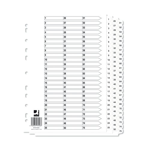 KF97058Q | With these Mylar-reinforced index dividers, you can start to get a handle on all those odd papers that get left lying around. Each divider is made from sturdy manilla, and the tabs are Mylar-coated for long-lasting durability and pre-printed 1-75, great for tidy numerical filing. They are multi-punched to fit almost any A4 ring binder or lever arch file.