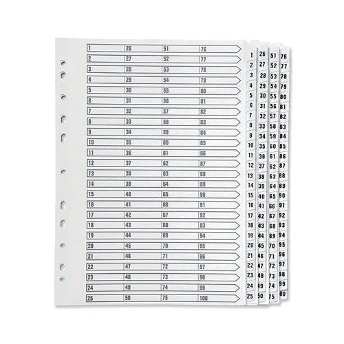 KF97059 | This Q-Connect 1-100 numbered index divider provides a clear and simple filing solution for your everyday office needs. The front index sheet provides space for labelling to make referencing your notes quick and easy. Made from plain white board with clear tabs that are Mylar-coated for extra reinforcement, this index comes with pre-printed tabs (1-100) and is multi-punched to fit standard A4 lever arch files or ring binders.