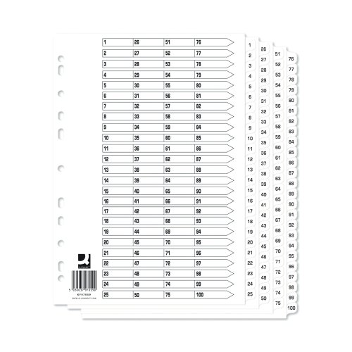 KF97059Q | With these Mylar-reinforced index dividers, you can start to get a handle on all those odd papers that get left lying around. Each divider is made from sturdy manilla, and the tabs are Mylar-coated for long-lasting durability and pre-printed 1-100, great for tidy numerical filing. They are multi-punched to fit almost any A4 ring binder or lever arch file.