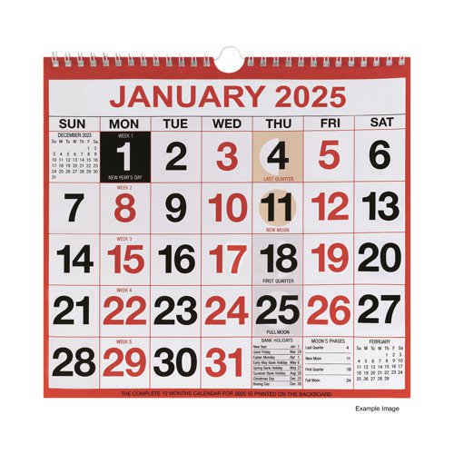 This handy month to view calendar is printed with red and black print for distinctive clear date figures, helping you keep track of your busy work and home life. Printed onto the calendar are UK moon phases, week numbering and all UK and ROI holidays. The calendar has a backing board and is wire bound at the top with a hook to hang it onto a wall. The calendar measures 249 x 231mm.