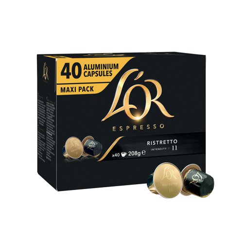 Compatible with Nespresso coffee machines, these L'Or Ristretto capsules create a nutty and complex espresso with an intensity rating of 11. Bolder and with a fuller body than the traditional espresso, the ristretto features a strong, fragrant aroma with a less bitter taste. This bulk pack contains 40 ristretto capsules.