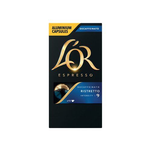 Compatible with Nespresso coffee machines, these L'Or Decaff Ristretto capsules create a nutty and complex espresso with an intensity rating of 9. Bolder and with a fuller body than the traditional espresso, the ristretto features a strong, fragrant aroma with a less bitter taste. This pack contains 10 decaffeinated ristretto capsules.