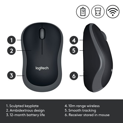 Logitech M185 Wireless Optical Mouse Ambidextrous Grey 910-002238