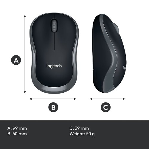 Logitech M185 Wireless Optical Mouse Ambidextrous Grey 910-002238