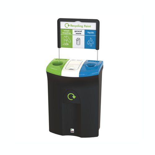 The popular Meridian Office Recycling Bin Triple comBin Triplees 33 litres, 44 litres and 9.5 litres of liquids with a narrow footprint allowing it to fit comfortably in corridors without reducing access.