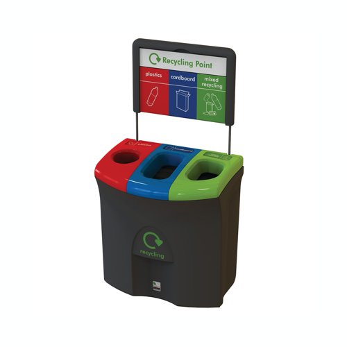 The popular Meridian office recycling bin combines 26 litres, 35 litres and 26 litres of chosen waste with a narrow footprint allowing it to fit comfortably in corridors without reducing access.