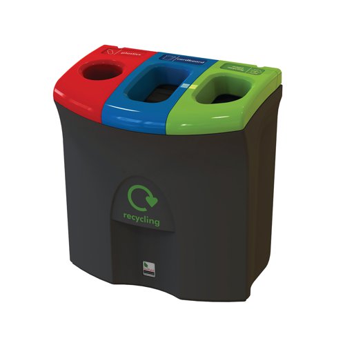 Meridian Recycling Bin Triple Mixed Plastics Cardboard Mixed Recycling 87L Blk/Grn/Wht 81893/16/G2 | Leafield Environmental Ltd