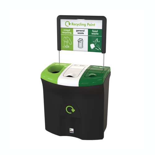 Meridian Recycling Bin Triple Mixed Recycling General/Food Waste 87L Black/Lime Grn/RSJ Grn 81893 | Leafield Environmental Ltd