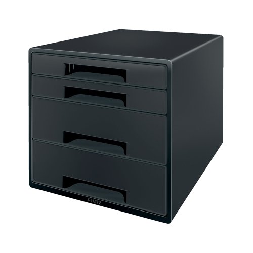 Perfect for the organisation of both small desktop accessories and A4+ documents and folders, this black Leitz Recycle 4-drawer cabinet is made from a minimum of 90% recycled materials and is Blue Angel certified, making it the ideal choice for those wanting maximum sustainability within their office supplies. The high quality and long lasting, Leitz Recycle range is a winner of Reddot Design Award 2021 for the impressive environmental focus at the root of the design. Supplied in black, this cabinet measures W287 x D363 x H270mm.