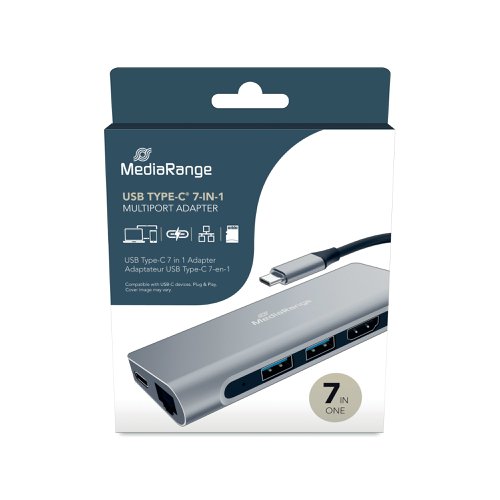 MediaRange USB Type-C Hub 7-In-1 Multiport Adapter for USB-C Devices Silver MRCS510