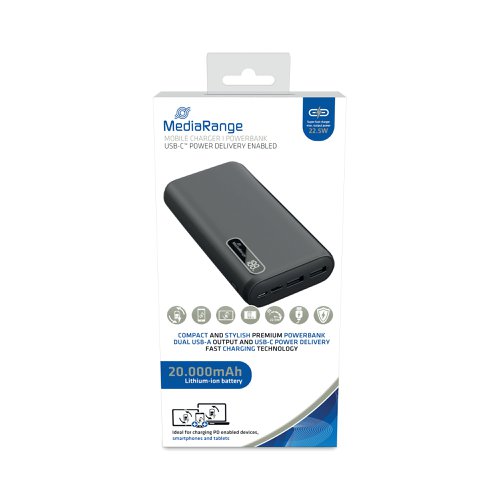 MediaRange Mobile Fast Charger Power Bank 20000mAh 2x USB A x1 USB-C Black MR756