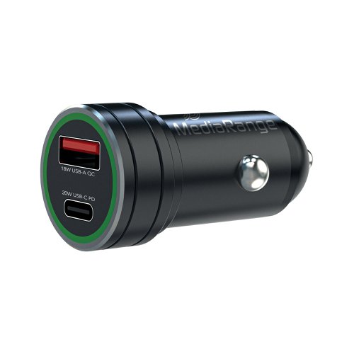 MediaRange in-car charging adapter are perfect for charging mobile devices via the cigarette ligher socket in vehicles. The compact-sized 20W fast charger with aluminium housing comes with 1x USB-A and 1x USB-C output and allows you to charge up to two mobile devices simultaneously. Supporting Quick Charge 3.0 (USB A) and Power Delivery 3.0 (USB C). Charges via the cigarette lighter in vehicles with 12V/24V on-board power supply. Ideal for charging your smartphone, tablet, PC or other devices. Can charge two devices at the same time.