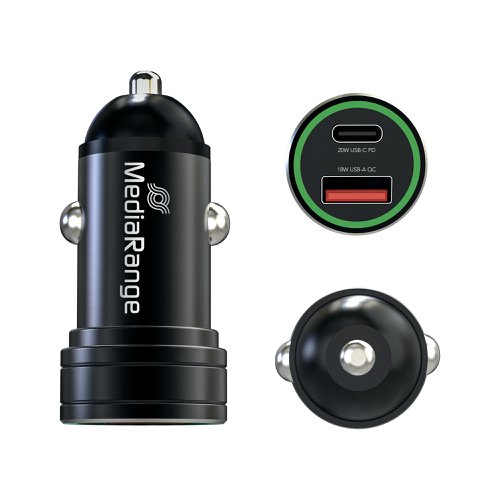 MediaRange in-car charging adapter are perfect for charging mobile devices via the cigarette ligher socket in vehicles. The compact-sized 20W fast charger with aluminium housing comes with 1x USB-A and 1x USB-C output and allows you to charge up to two mobile devices simultaneously. Supporting Quick Charge 3.0 (USB A) and Power Delivery 3.0 (USB C). Charges via the cigarette lighter in vehicles with 12V/24V on-board power supply. Ideal for charging your smartphone, tablet, PC or other devices. Can charge two devices at the same time.