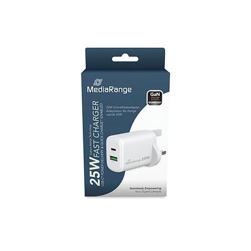 MediaRange GaN Fast Charging Adapter UK Plug 1xUSB-C and 1xUSB-A 25W White MRMA112-UK