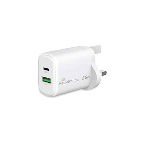 MediaRange GaN Fast Charging Adapter UK Plug 1xUSB-C and 1xUSB-A 25W White MRMA112-UK