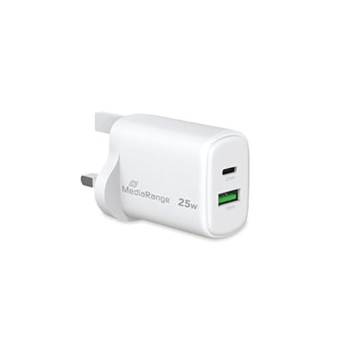 MediaRange GaN Fast Charging Adapter UK Plug 1xUSB-C and 1xUSB-A 25W White MRMA112-UK