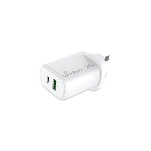 MediaRange GaN Fast Charging Adapter UK Plug 1xUSB-C and 1xUSB-A 25W White MRMA112-UK