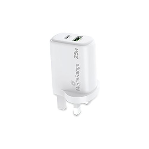 MediaRange GaN Fast Charging Adapter UK Plug 1xUSB-C and 1xUSB-A 25W White MRMA112-UK