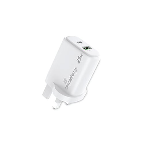 MediaRange GaN Fast Charging Adapter UK Plug 1xUSB-C and 1xUSB-A 25W White MRMA112-UK