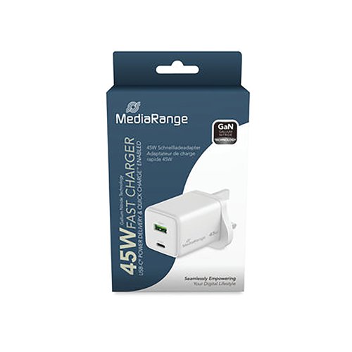 MediaRange GaN Fast Charging Adapter UK Plug 1xUSB-C and 1xUSB-A 45W White MRMA113-UK