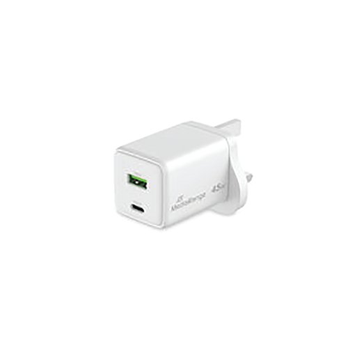 MediaRange GaN Fast Charging Adapter UK Plug 1xUSB-C and 1xUSB-A 45W White MRMA113-UK