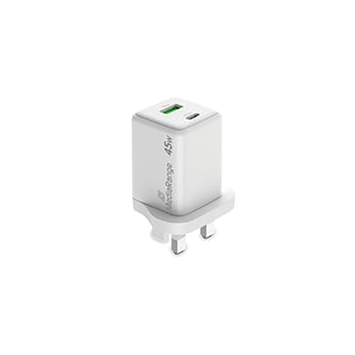 MediaRange GaN Fast Charging Adapter UK Plug 1xUSB-C and 1xUSB-A 45W White MRMA113-UK