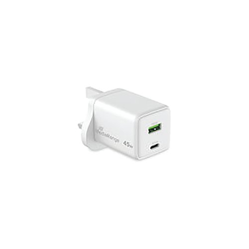 MediaRange GaN Fast Charging Adapter UK Plug 1xUSB-C and 1xUSB-A 45W White MRMA113-UK