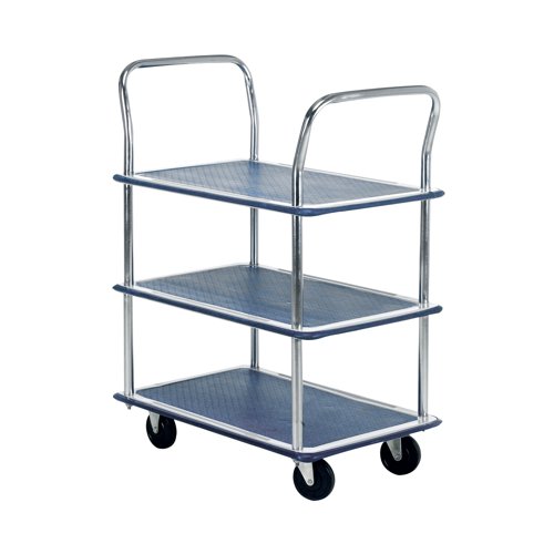 Barton Silver and Blue 3 Shelf Trolley with Chrome Handles PST3