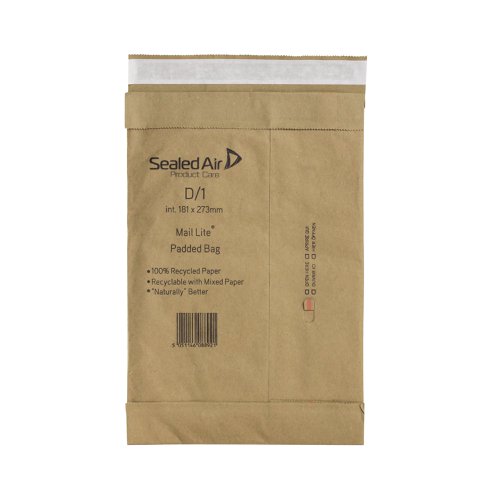 Mail Lite Padded Postal Bag Size D/1 181x273mm Brown (100 Pack) 100943477 | MQ29704 | Sealed Air Ltd