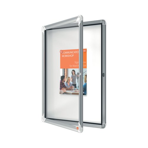 Magnetic lockable notice board with a hinged glass door and side lock. Complete with a modern stylish aluminum trim and fixed with a through corner wall mounting. Excellent magnetic notice board surface to securely display your notices. Size: 4xA4 sheets.