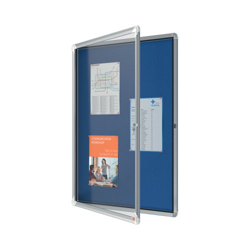 Felt lockable notice board with a hinged glass door and side lock. Complete with a modern stylish aluminum trim and fixed with a through corner wall mounting. Excellent felt notice board surface to securely pin and display your notices. Size: 9xA4 sheets.