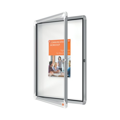 Magnetic outdoor weatherproof lockable notice board with a hinged glass door and side lock. Complete with a modern stylish aluminum trim and fixed with a through corner wall mounting. Excellent magnetic notice board surface to securely display your notices.