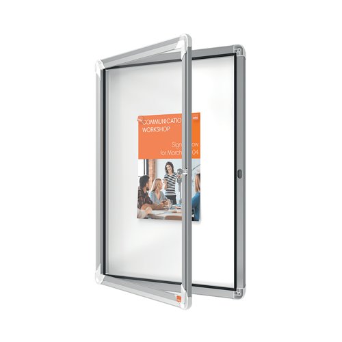 Magnetic outdoor weatherproof lockable notice board with a hinged glass door and side lock. Complete with a modern stylish aluminum trim and fixed with a through corner wall mounting. Excellent magnetic notice board surface to securely display your notices.