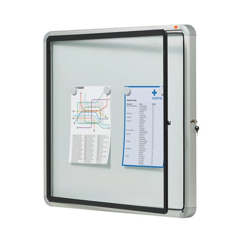 Magnetic outdoor weatherproof lockable notice board with a hinged glass door and side lock. Complete with a modern stylish aluminum trim and fixed with a through corner wall mounting. Excellent magnetic notice board surface to securely display your notices.